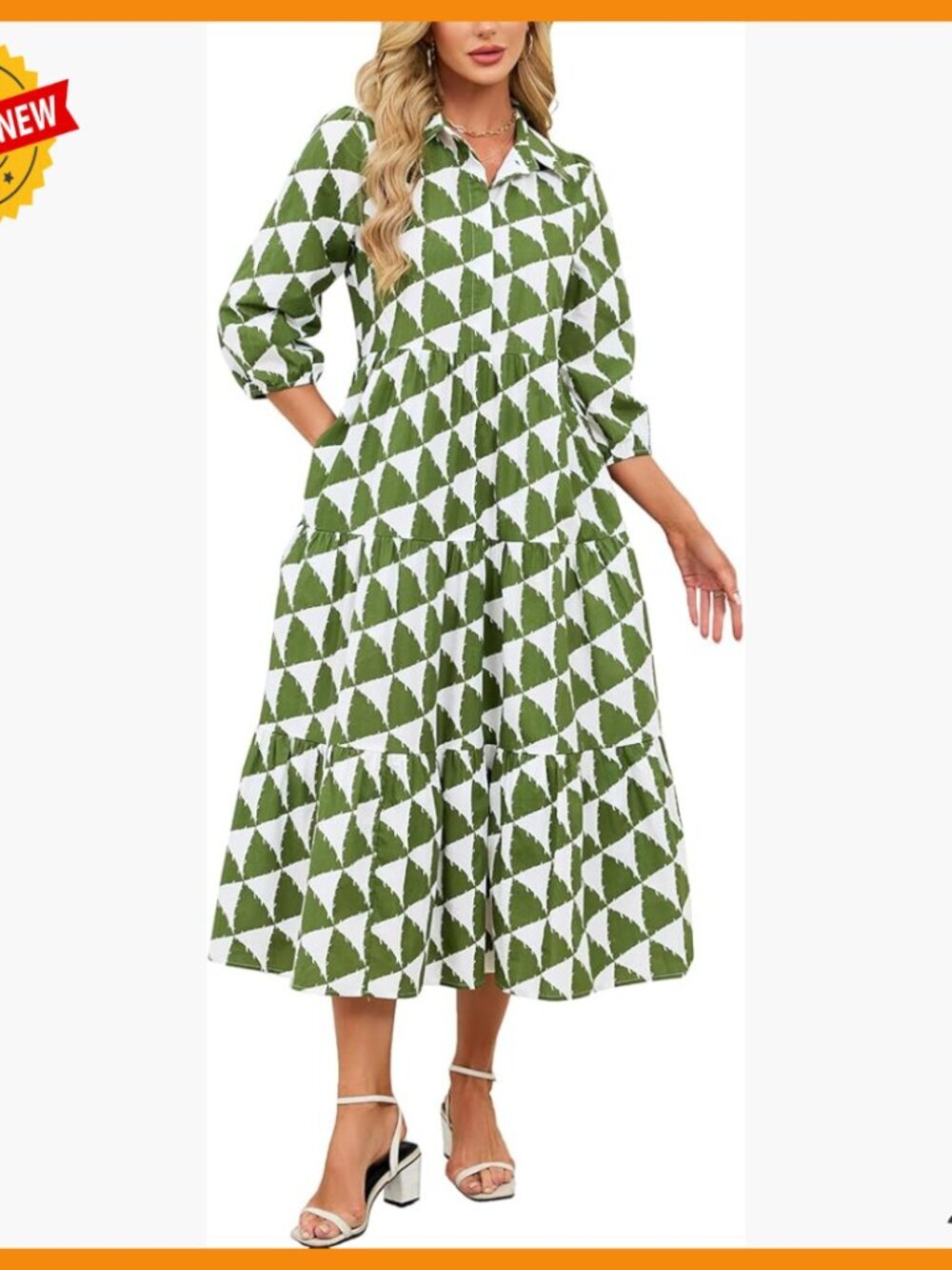 Button Down Maxi Shirt Dress 3/4 Sleeve Plaid Tiered Cotton Casual